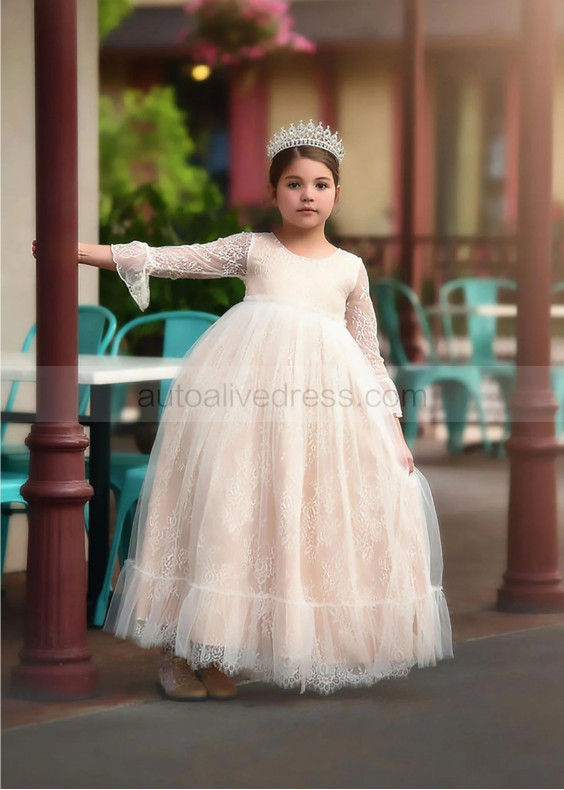 Bell Sleeves Ivory Lace Tulle Vintage Flower Girl Dress